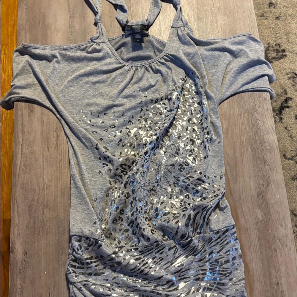 Guess Gray Cold Shoulder Top with Silver Accents